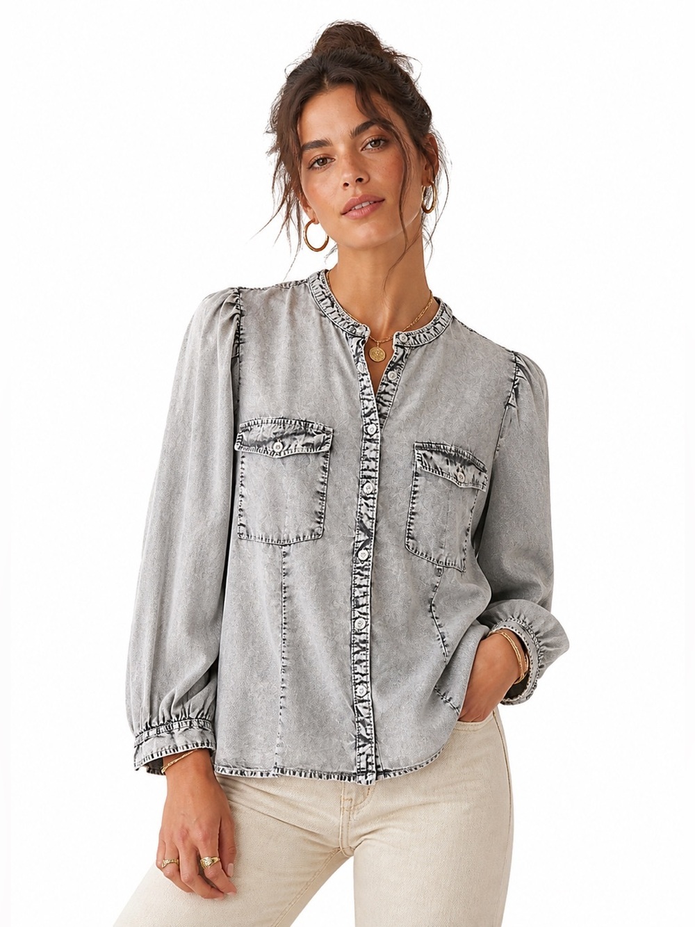 Pilcro Anthropologie Gray Washed Button Front Top M Puff Sleeve Utility Blouse